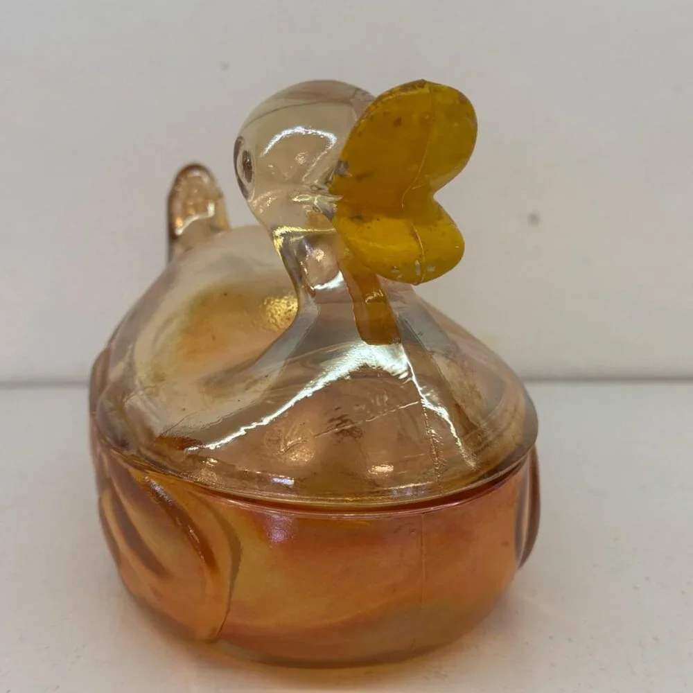 Jeanette Duck Powder Dish Iridescent Amber Glass Trinket Mamma Quack 1940's